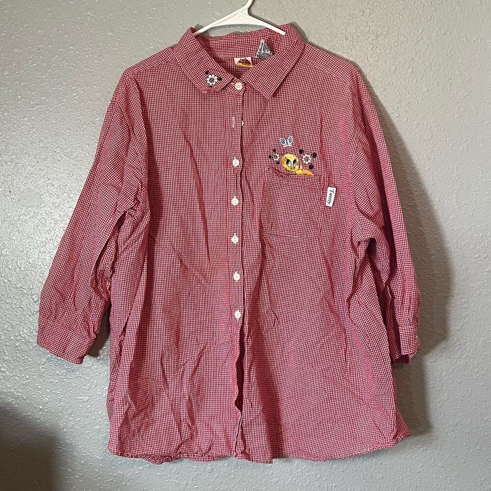 Tweety Bird 26/28 Womens Button Up Red White Plaid Looney Tunes Floral Collared